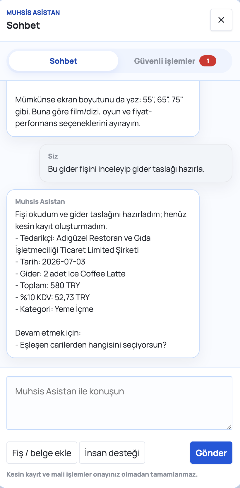 Muhsis Asistan fiş okuyarak gider taslağı hazırlıyor